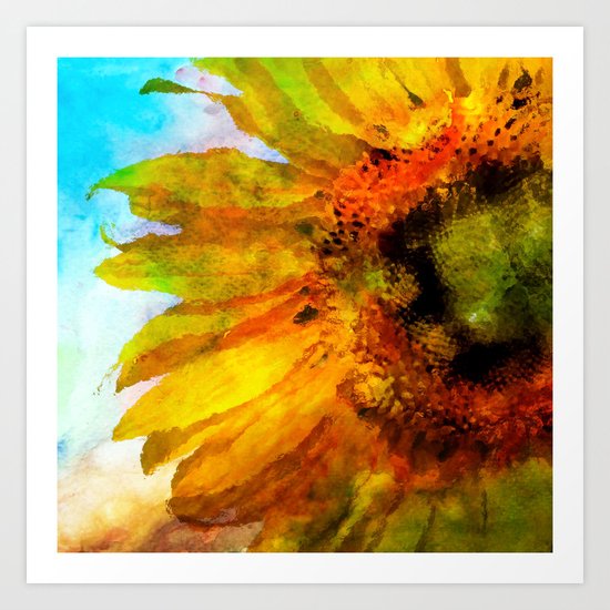 Sunflower on colorful watercolor background- Flowers on #Society6 Art Print