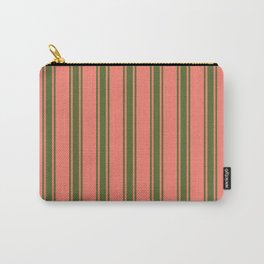 [ Thumbnail: Salmon & Dark Olive Green Colored Stripes Pattern Carry-All Pouch ]