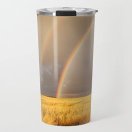 Pot O' Gold - Brilliant Rainbow Ends in Golden Wheat Field on Autumn Day in Kansas Travel Mug