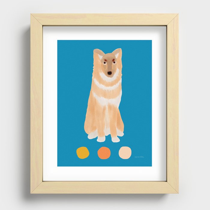 Dog and Dots - Beige and Blue Recessed Framed Print