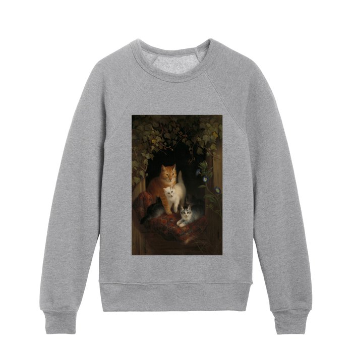 Cat with Kittens vintage painting Kids Crewneck