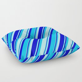 [ Thumbnail: Turquoise, Blue, and Deep Sky Blue Colored Pattern of Stripes Floor Pillow ]