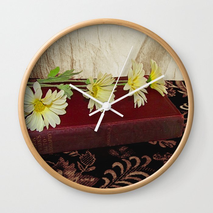 Daisy Flowers on Red Book Library Art A223 Wall Clock