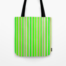 [ Thumbnail: Tan, Chartreuse, Lime & Light Grey Colored Striped/Lined Pattern Tote Bag ]