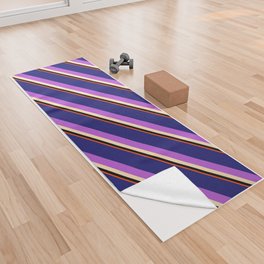 [ Thumbnail: Vibrant Midnight Blue, Orchid, Beige, Black, and Red Colored Striped/Lined Pattern Yoga Towel ]