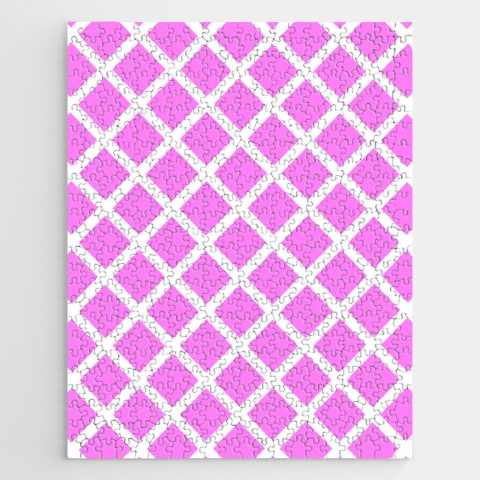 Lattice Trellis Diamond Geometric Pattern Rose Pink and White Jigsaw Puzzle