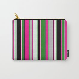 [ Thumbnail: Eyecatching Grey, Forest Green, Mint Cream, Deep Pink, and Black Colored Pattern of Stripes Carry-All Pouch ]