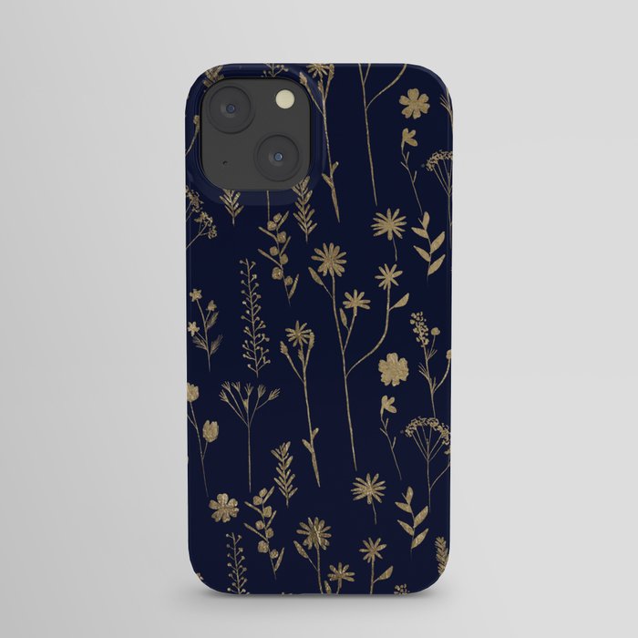 Hand drawn gold cute dried pressed flowers illustration navy blue iPhone Case