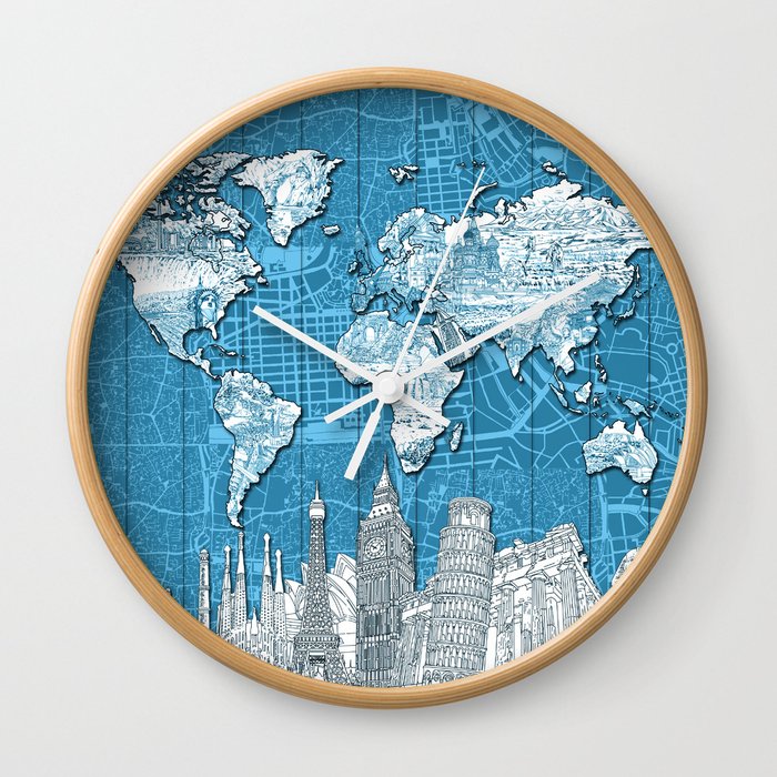 world map city skyline 10 Wall Clock