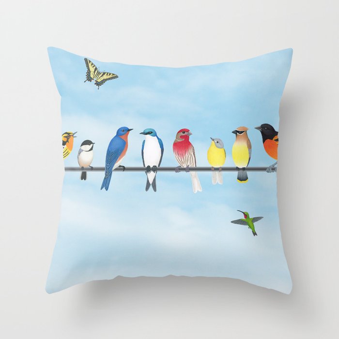 birds on a line - blackburnian warbler to baltimore oriole Throw Pillow