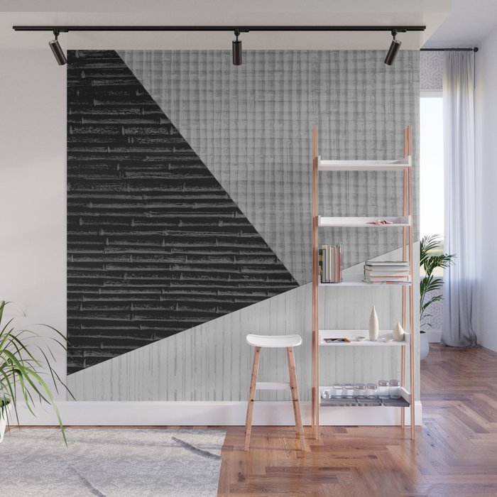 Modern Abstract Black Grey Bamboo and Crisscross Weave Pattern Wall Mural