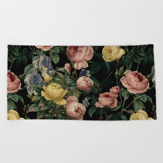 Vintage Roses and Iris Pattern - Dark Dreams on #Society6 Beach Towel