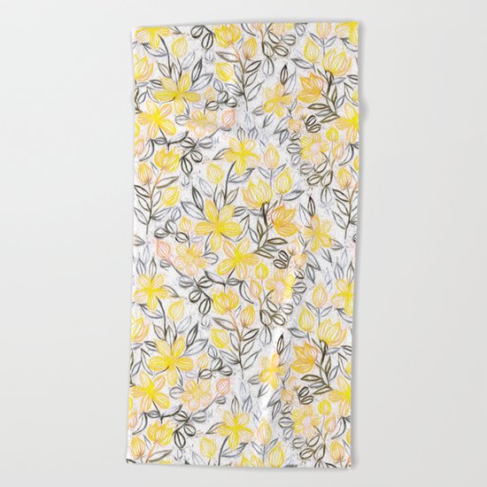 Sunny Yellow Crayon Striped Summer Floral Beach Towel
