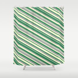 [ Thumbnail: Sea Green, Dark Grey & Light Yellow Colored Lines/Stripes Pattern Shower Curtain ]