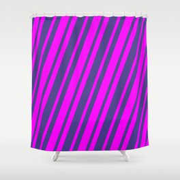 [ Thumbnail: Fuchsia and Dark Slate Blue Colored Lined/Striped Pattern Shower Curtain ]