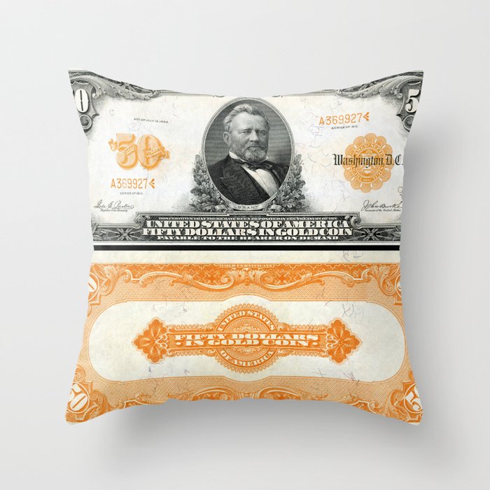 Vintage 1913 US $50 Dollar Gold Certificate Wall Art Throw Pillow by