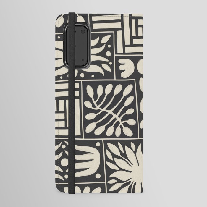 Stylized Floral Patchwork in Off White and Spade Black | Hand Drawn Pattern Android Wallet Case