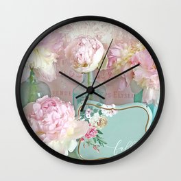 Dreamy Romantic Shabby Chic Pink Peonies Pink Aqua Bottles Fall In Love Wall Prints Home Decor Wall Clock