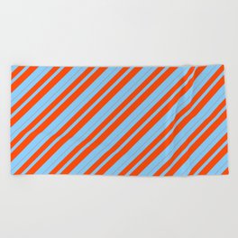 [ Thumbnail: Light Sky Blue and Red Colored Stripes/Lines Pattern Beach Towel ]