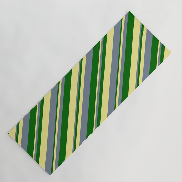 Slate Gray, Dark Green & Tan Colored Lines/Stripes Pattern Yoga Mat