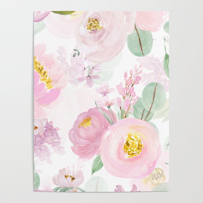 blush summer roses and flowers on white Poster