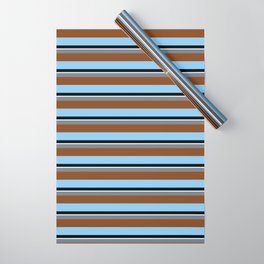 [ Thumbnail: Colorful Slate Gray, Brown, Light Sky Blue, Black & Mint Cream Colored Striped Pattern Wrapping Paper ]
