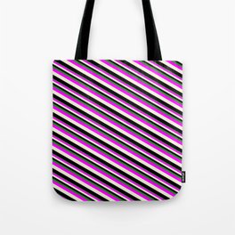 [ Thumbnail: Forest Green, Fuchsia, Beige, and Black Colored Lined/Striped Pattern Tote Bag ]