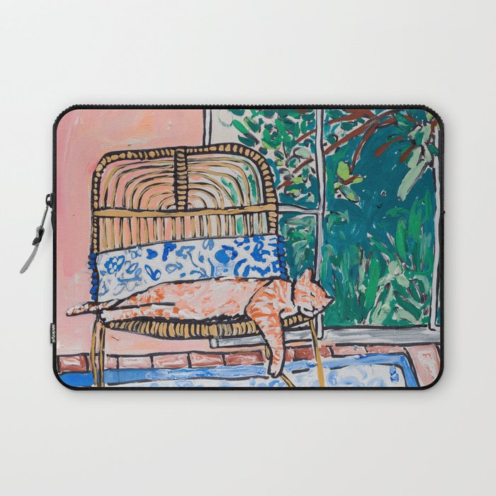 Napping Ginger Cat in Pink Jungle Garden Room Laptop Sleeve