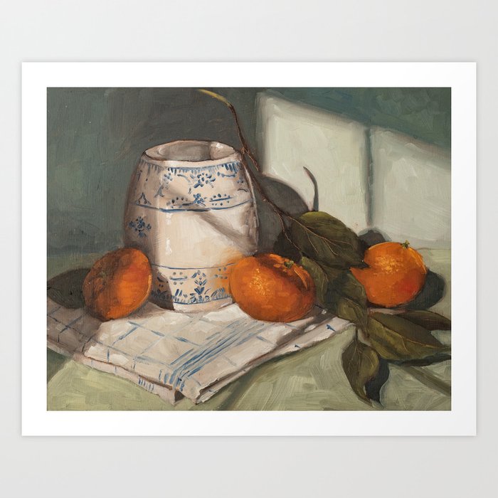 clementines & blue onion crock (landscape orientation) Art Print