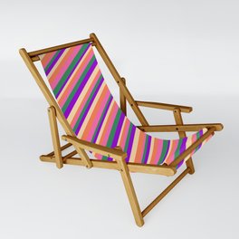 [ Thumbnail: Eyecatching Coral, Hot Pink, Sea Green, Dark Violet, and Tan Colored Pattern of Stripes Sling Chair ]