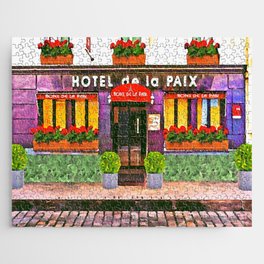 Paris Hotel De La Paix colorful street scene watercolor portrait painting with flower boxes Jigsaw Puzzle