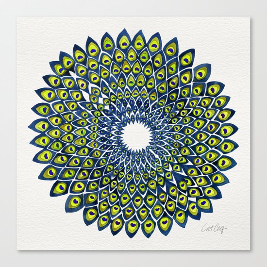 Peacock Feather Mandala – Navy & Lime Palette Canvas Print