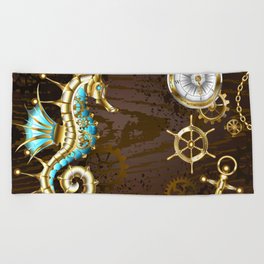 Wooden Background with Mechanical Seahorse ( Steampunk ) Beach Towel