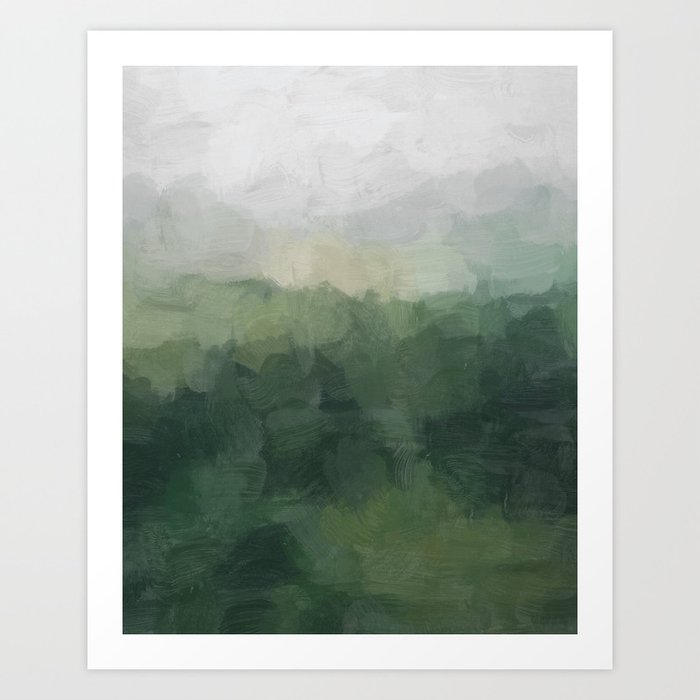 Foggy Hills - Gray Green Abstract Nature Scenic Painting Art Print Wall Decor  Art Print
