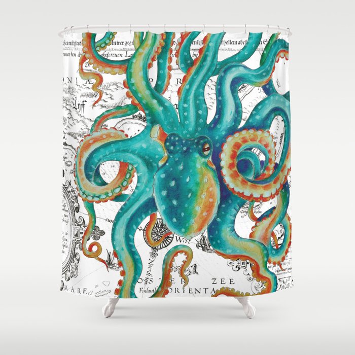 Teal Octopus Tentacles Vintage Map Nautical Shower Curtain