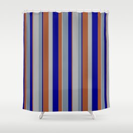 [ Thumbnail: Sienna, Dark Grey, Light Slate Gray, and Dark Blue Colored Lines Pattern Shower Curtain ]
