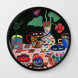 Suspicious mugs 3 Wall Clock | Coffeeaddict, Bright, Bohemian, Plant, Cafe, Watercolor, Coffeelover, Pattern, Mugs, Coffee 