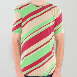 [ Thumbnail: Bisque, Green, and Crimson Colored Striped/Lined Pattern All Over Graphic Tee ]