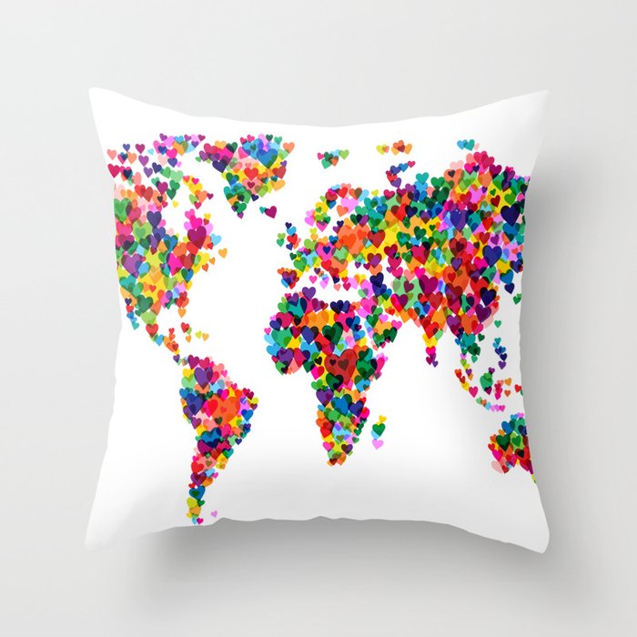 Love Hearts Map of the World Map Throw Pillow