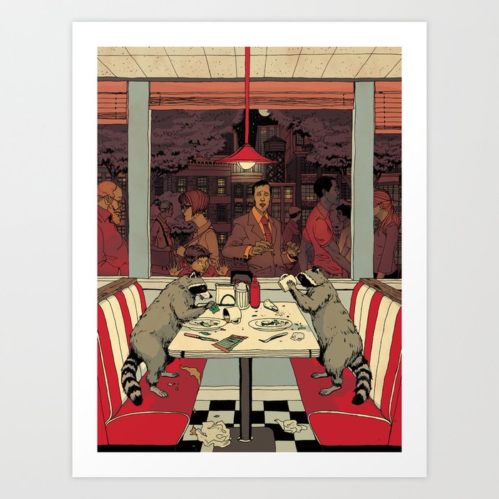 Raccoon Diners Art Print by Michael Byers | Society6