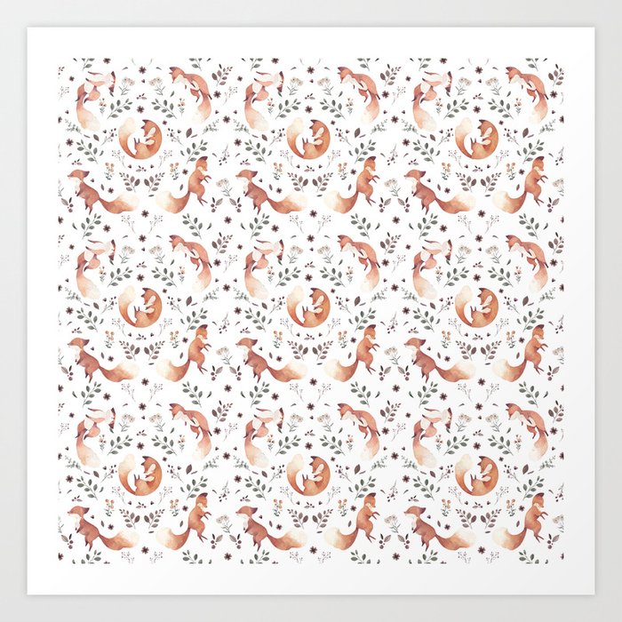 Pattern Fox White Art Print