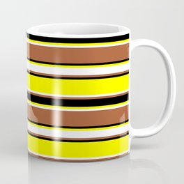 [ Thumbnail: Yellow, White, Sienna & Black Colored Stripes/Lines Pattern Coffee Mug ]