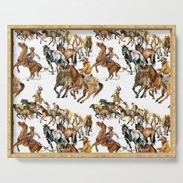 Running horses seamless pattern. American cowboy. Wild west. watercolor tribal texture. Equestrian illustration Serving Tray