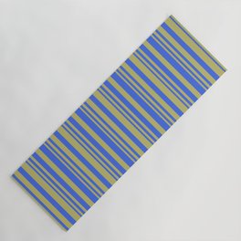 [ Thumbnail: Dark Khaki & Royal Blue Colored Striped Pattern Yoga Mat ]