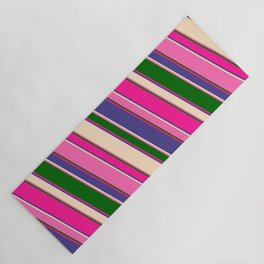 [ Thumbnail: Eye-catching Deep Pink, Dark Slate Blue, Bisque, Hot Pink, and Dark Green Colored Stripes Pattern Yoga Mat ]