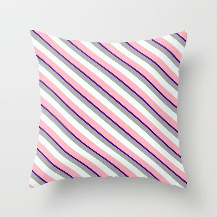 Indigo, Dark Grey, Mint Cream, and Light Pink Colored Lines Pattern Throw Pillow