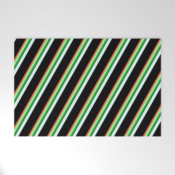 Red, Green, Forest Green, Light Cyan, and Black Colored Stripes/Lines Pattern Welcome Mat
