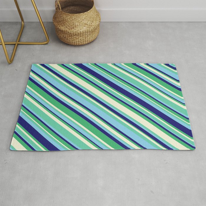 Eyecatching Aquamarine, Sky Blue, Midnight Blue, Sea Green & Beige Colored Striped/Lined Pattern Rug