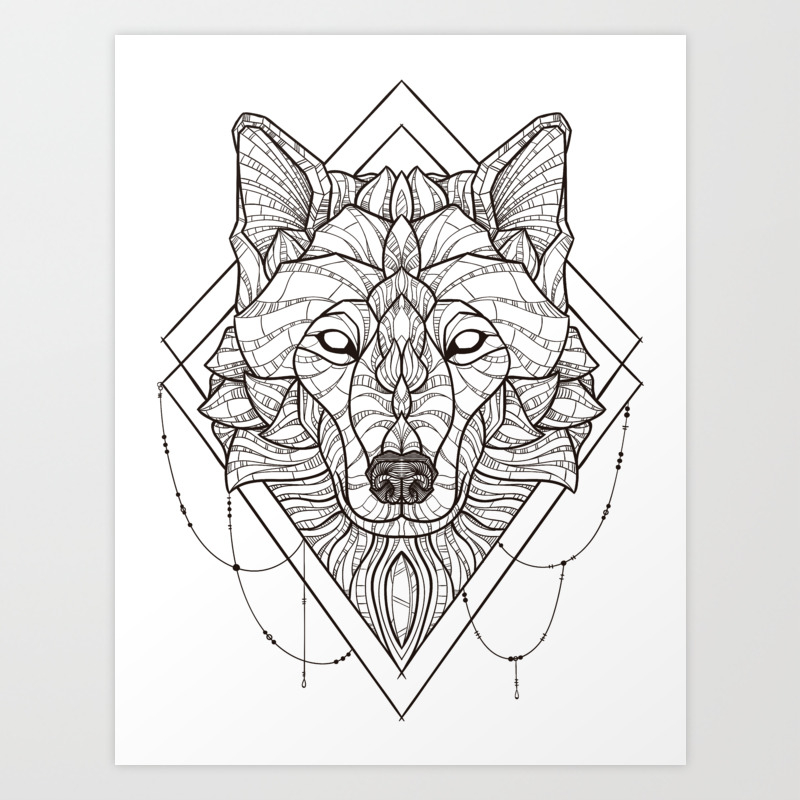 Monochrome Black Grey GEOMETRIC Wolf Face Art PRINT Poster