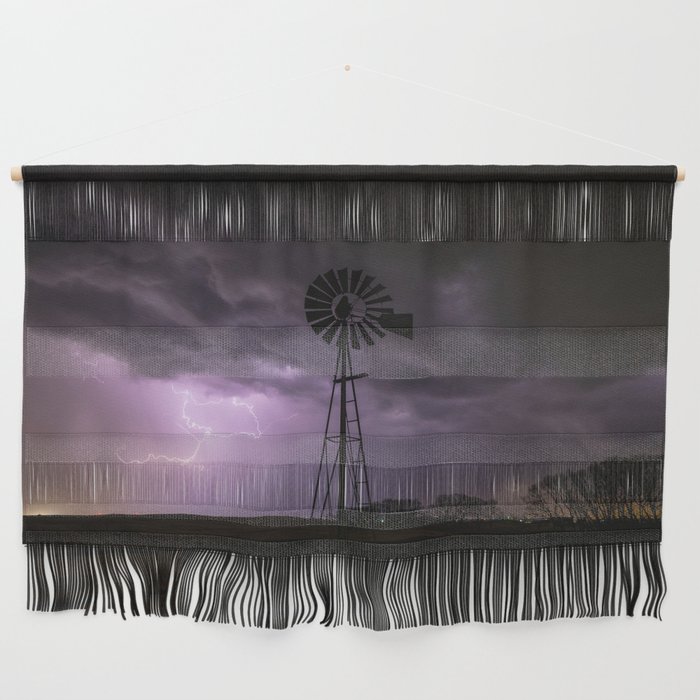 Lightning and Thunder - Storm Clouds Over an Old Windmill on a Stormy Night in Oklahoma Wall Hanging